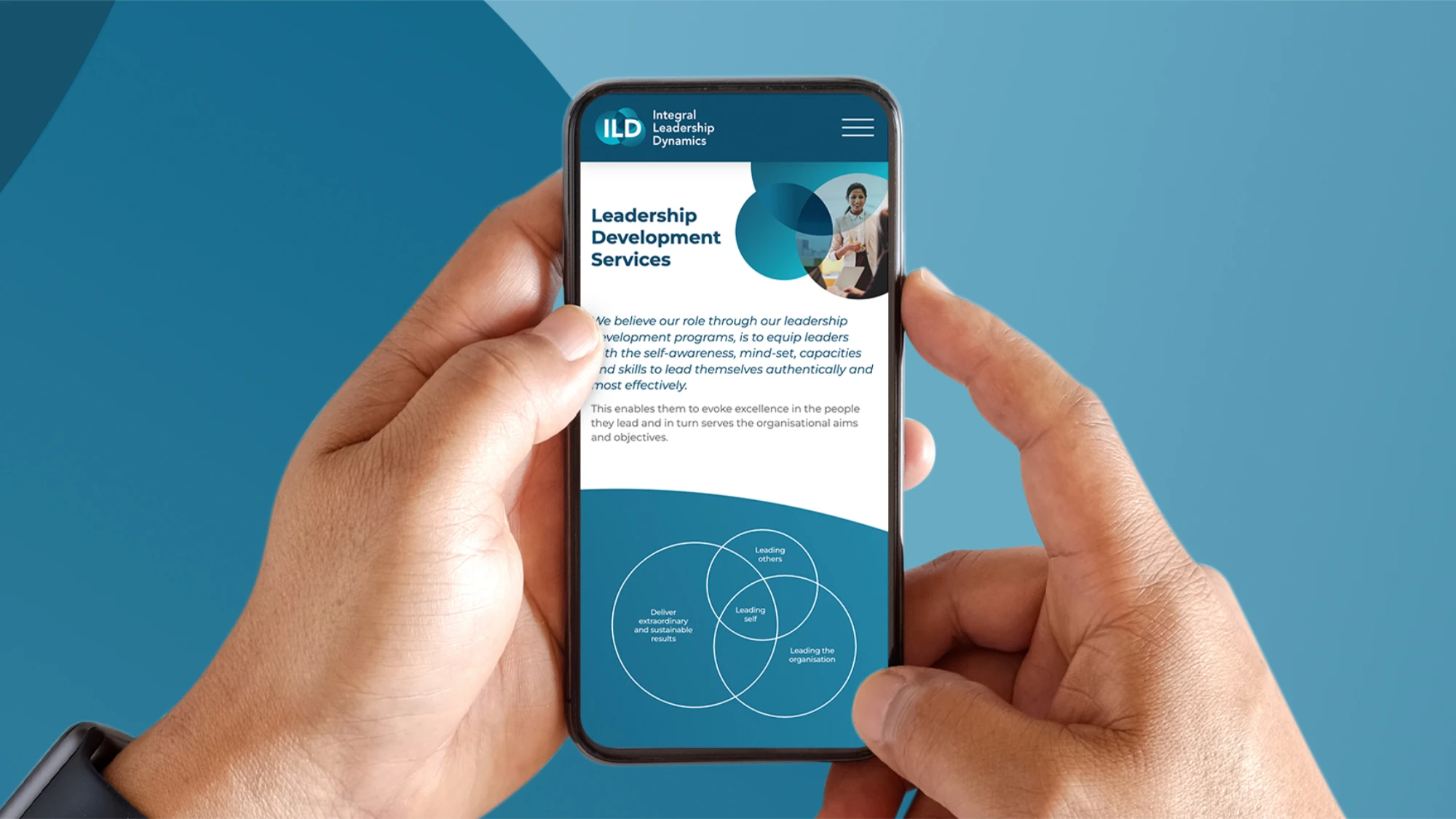 Person using a smartphone with the ILD website on a blue and white infographic page.