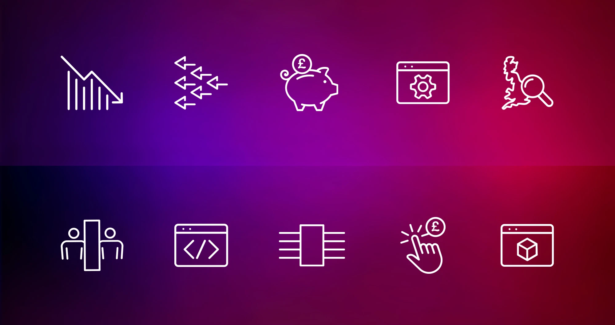 White outline icons on a purple, pink and red gradient background.