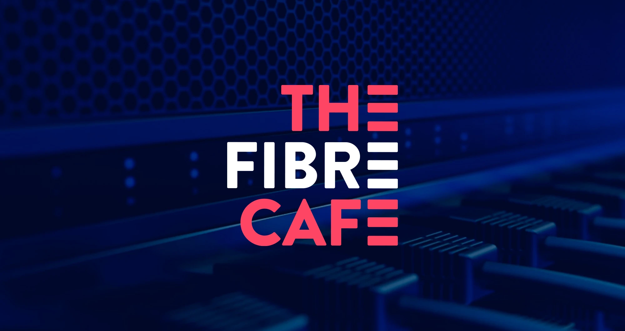 The Fibre Cafe logo on a blue background in pink and white.
