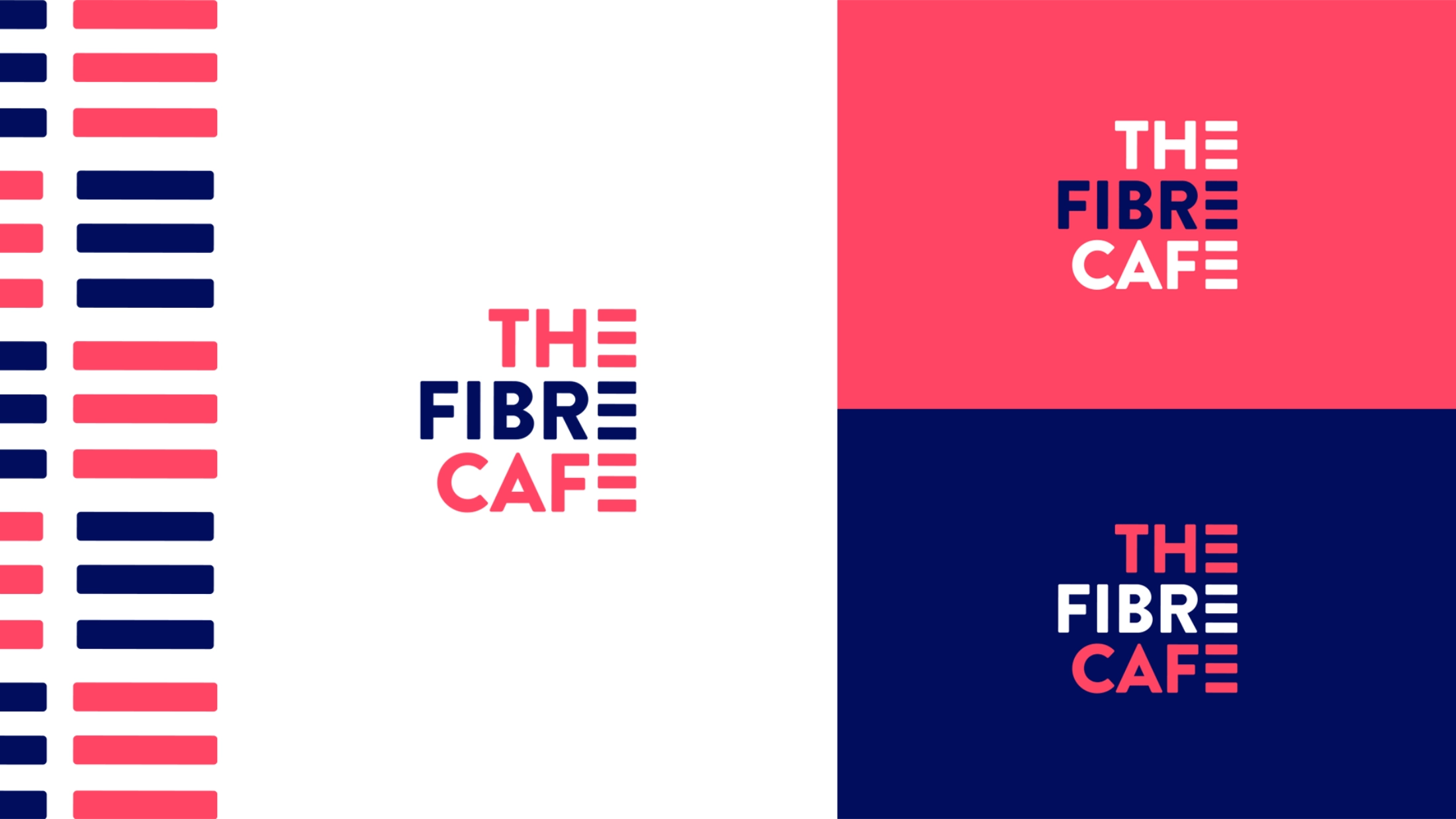 Brand page showing The Fibre Cafe's logo on a white, pink and blue background. The logo system allows the logo to respond to background changes if neccessary.