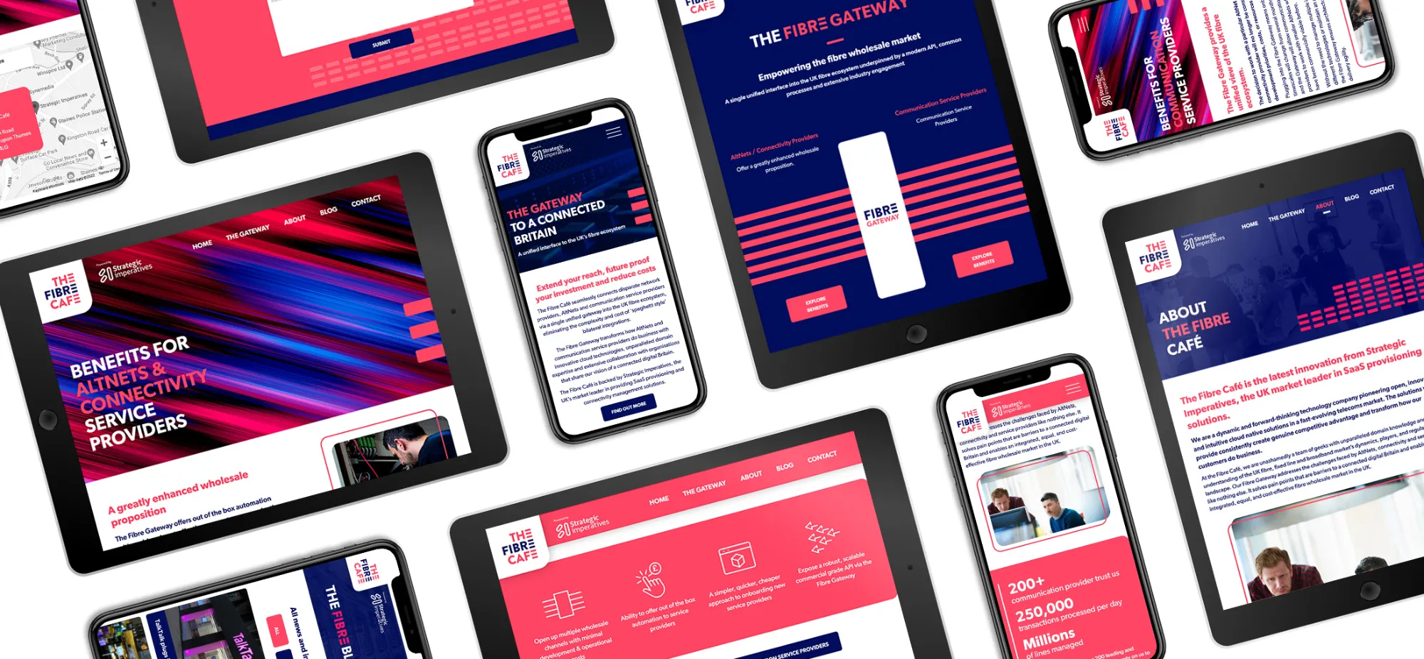 Multiple mobile devices on a white background with The Fibre Cafe's website running on them.