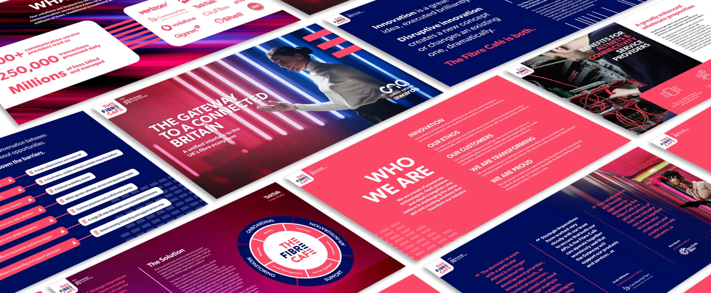 Multiple pages of The Fibre Cafe's brand guidelines laid out on a white background. The guidelines are in pink, white and blue pages.