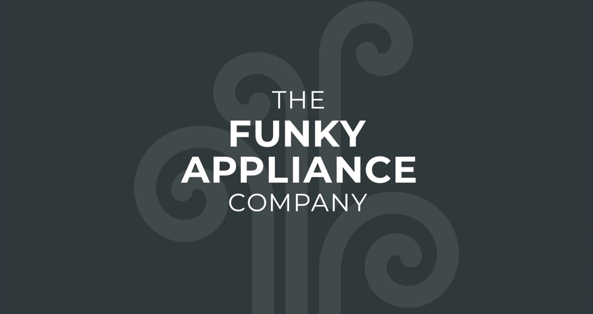 The Funky Appliance Company's logo in white on a grey background with spiral graphics in the background.
