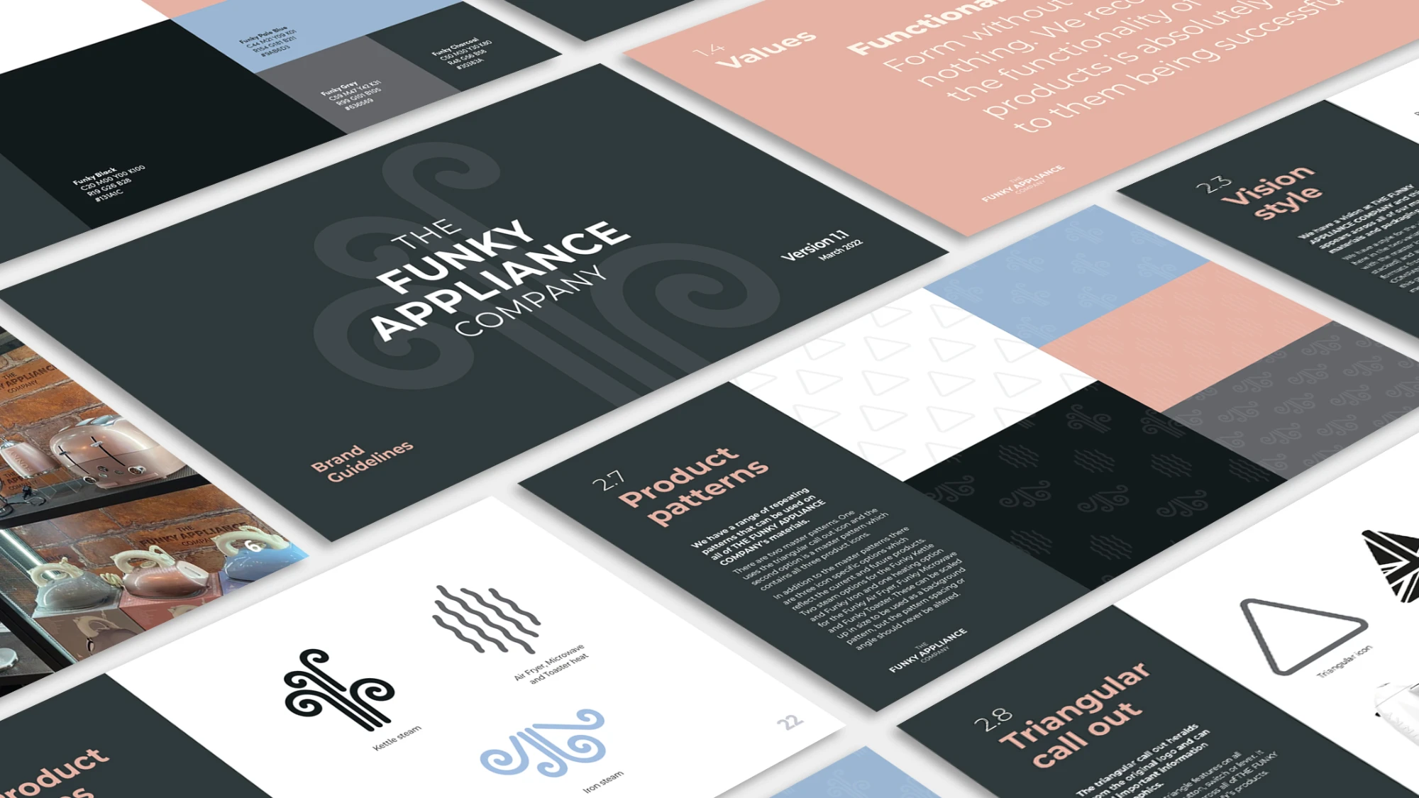 Brand guidelines in grey, blush pink and light blue laid out on a white background.