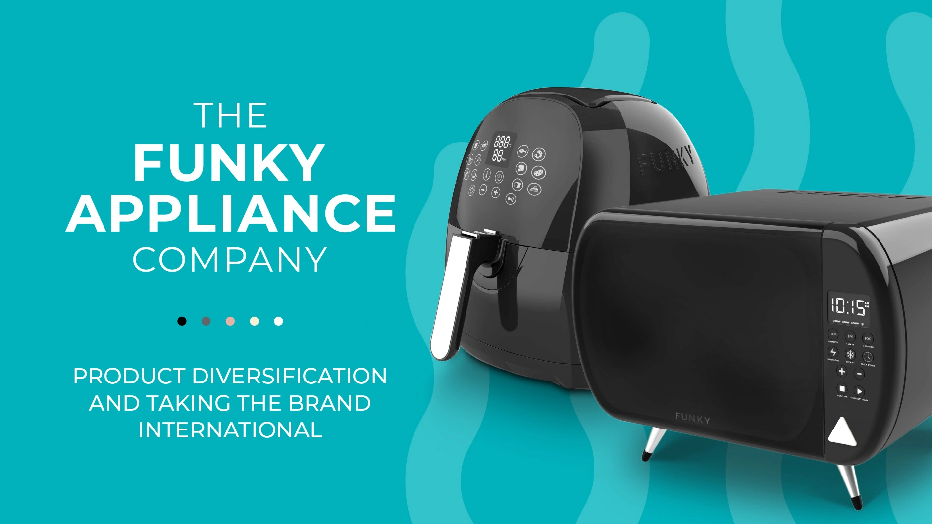 Some white text to the left of some Funky Appliance Company's appliances on a light blue background.