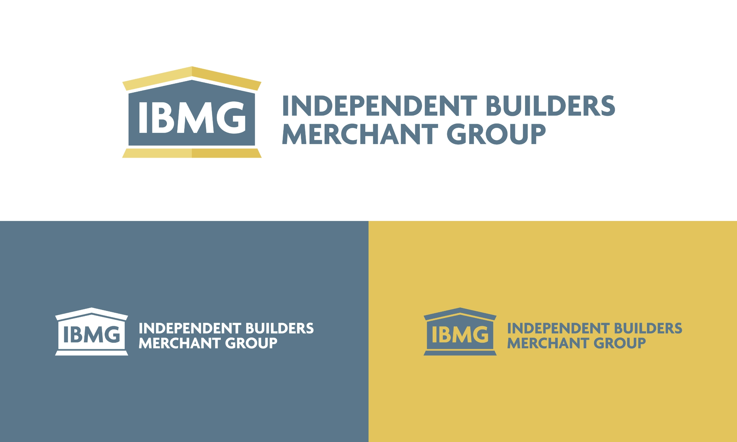 Independent Builders Merchant Group's logo on a white, blue and yellow background to show different use cases of the logo.
