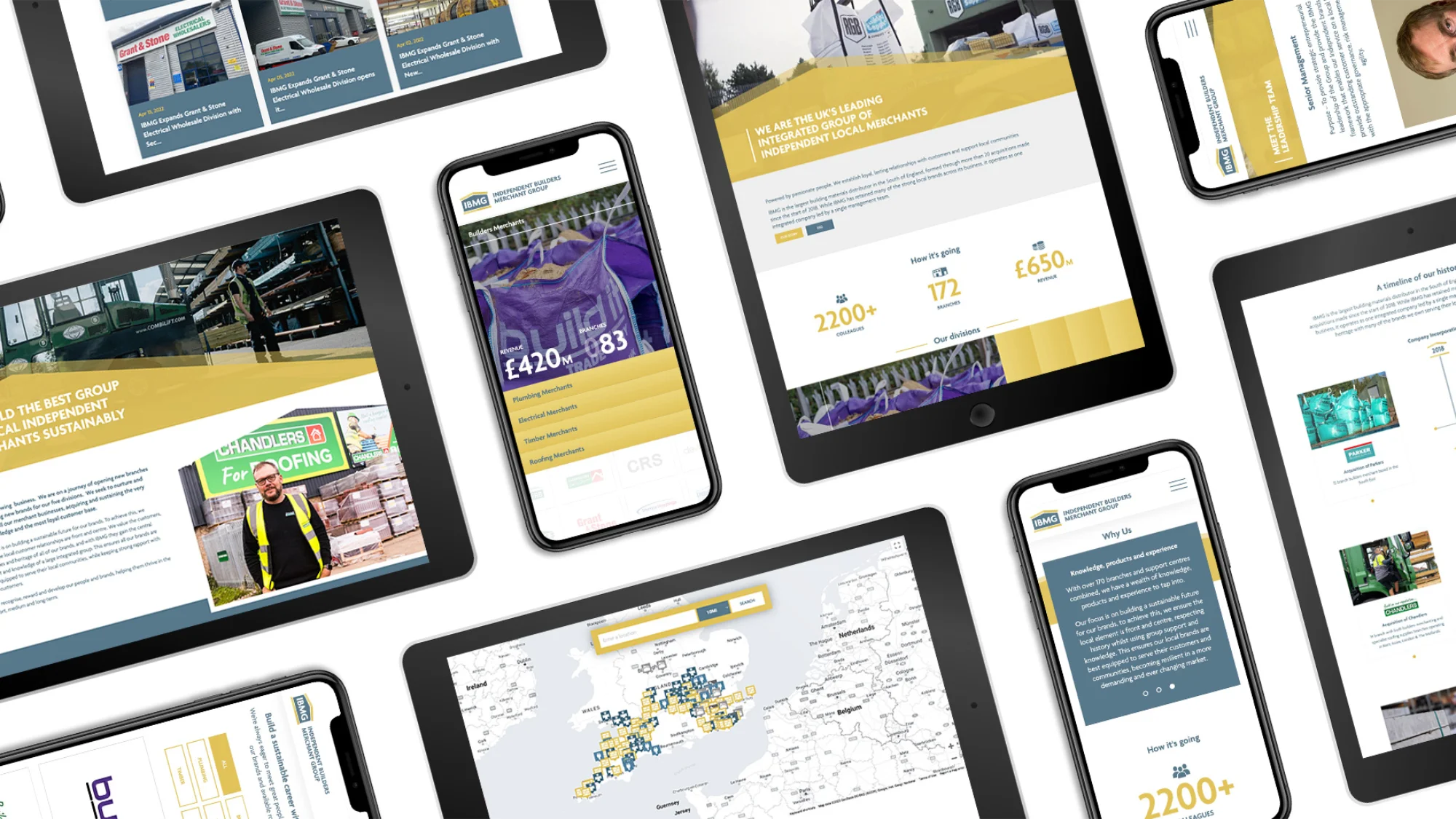 Multiple mobile devices of different shapes and sizes with the IBMG (Independent Builders Merchant Group) website on their screens.