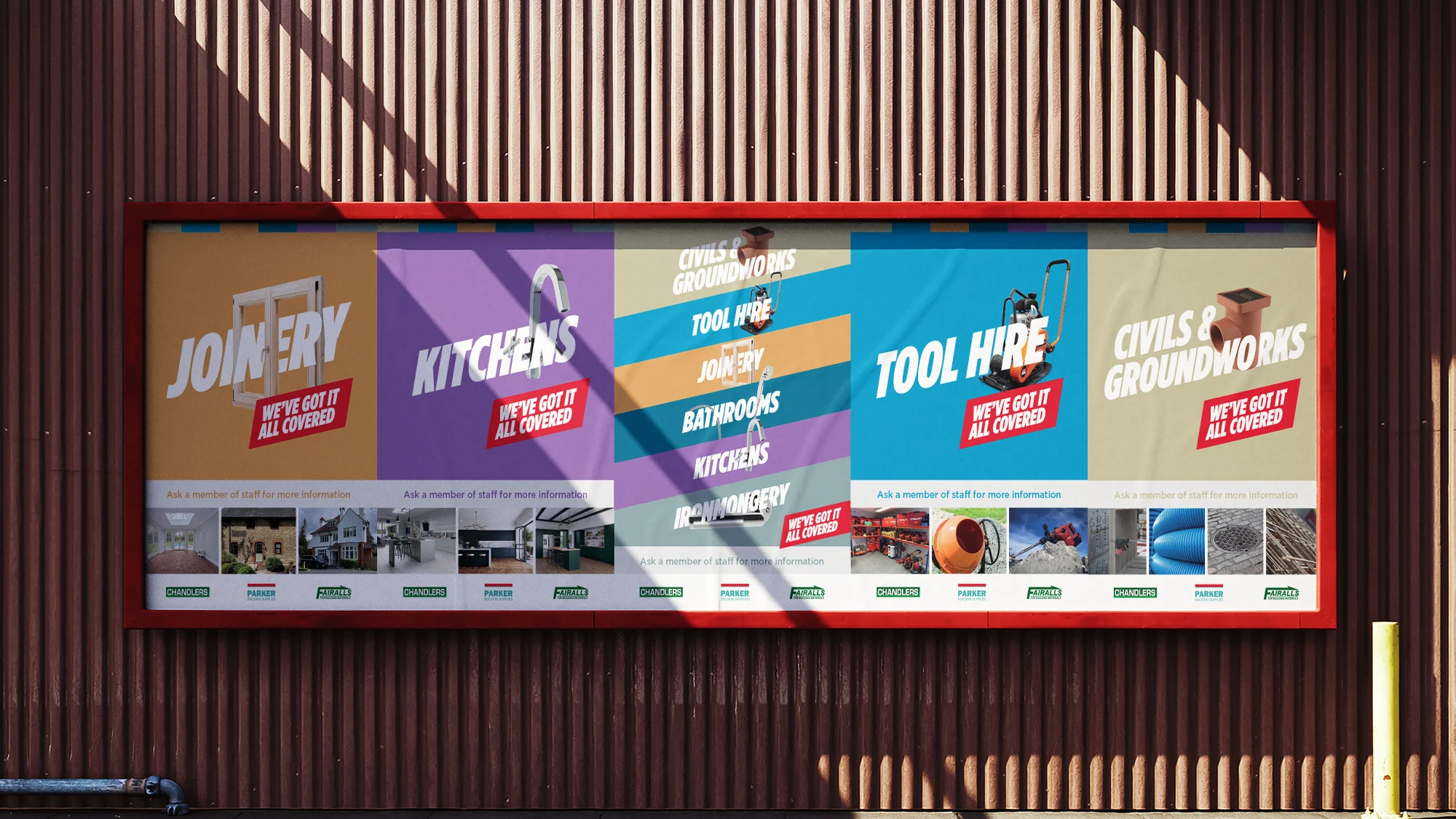 Billboard on a red corrugated metal wall with IBMG branding in bright colours with white text.