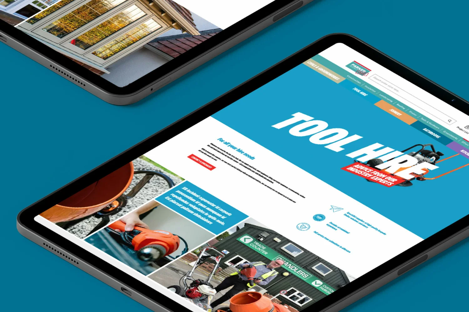 A tablet on a blue background with the tool hire page of the IBMG website on it.