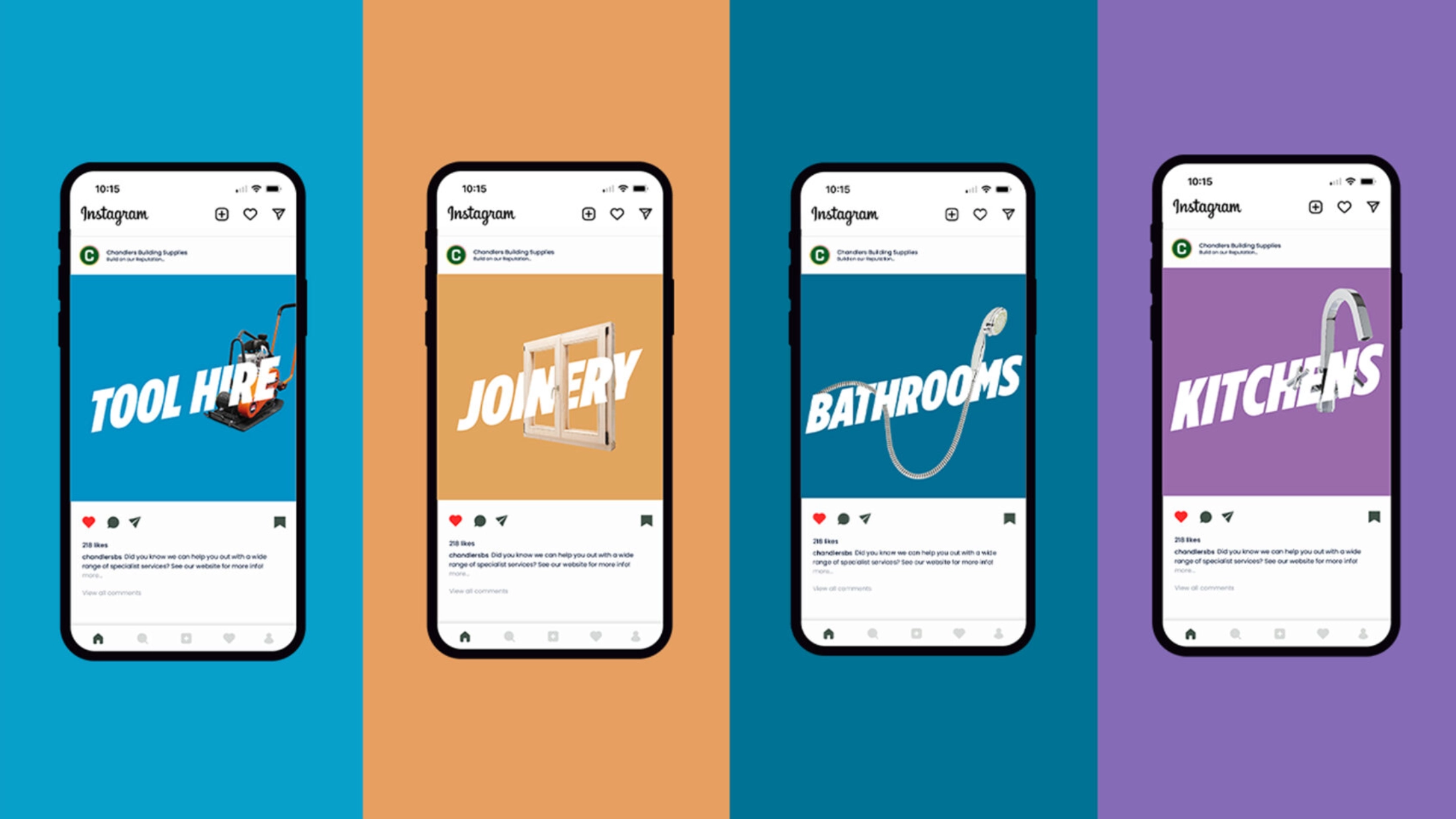 Four different phones side by side with each being on its own coloured background. from left to right: Blue background - tool hire, orange background - joinery, dark blue background - bathrooms, purple background - kitchens.