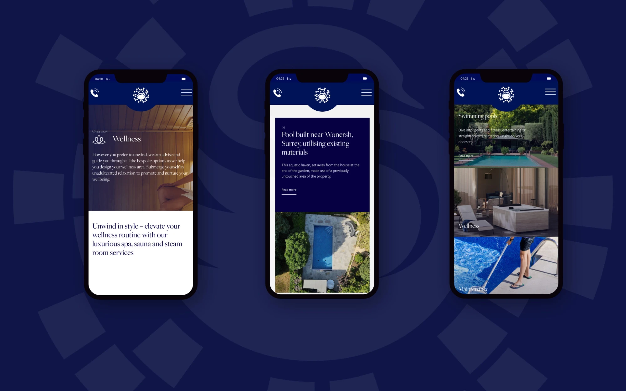 Three mobile phones side by side with the Surrey Swimming Pools website running on them.