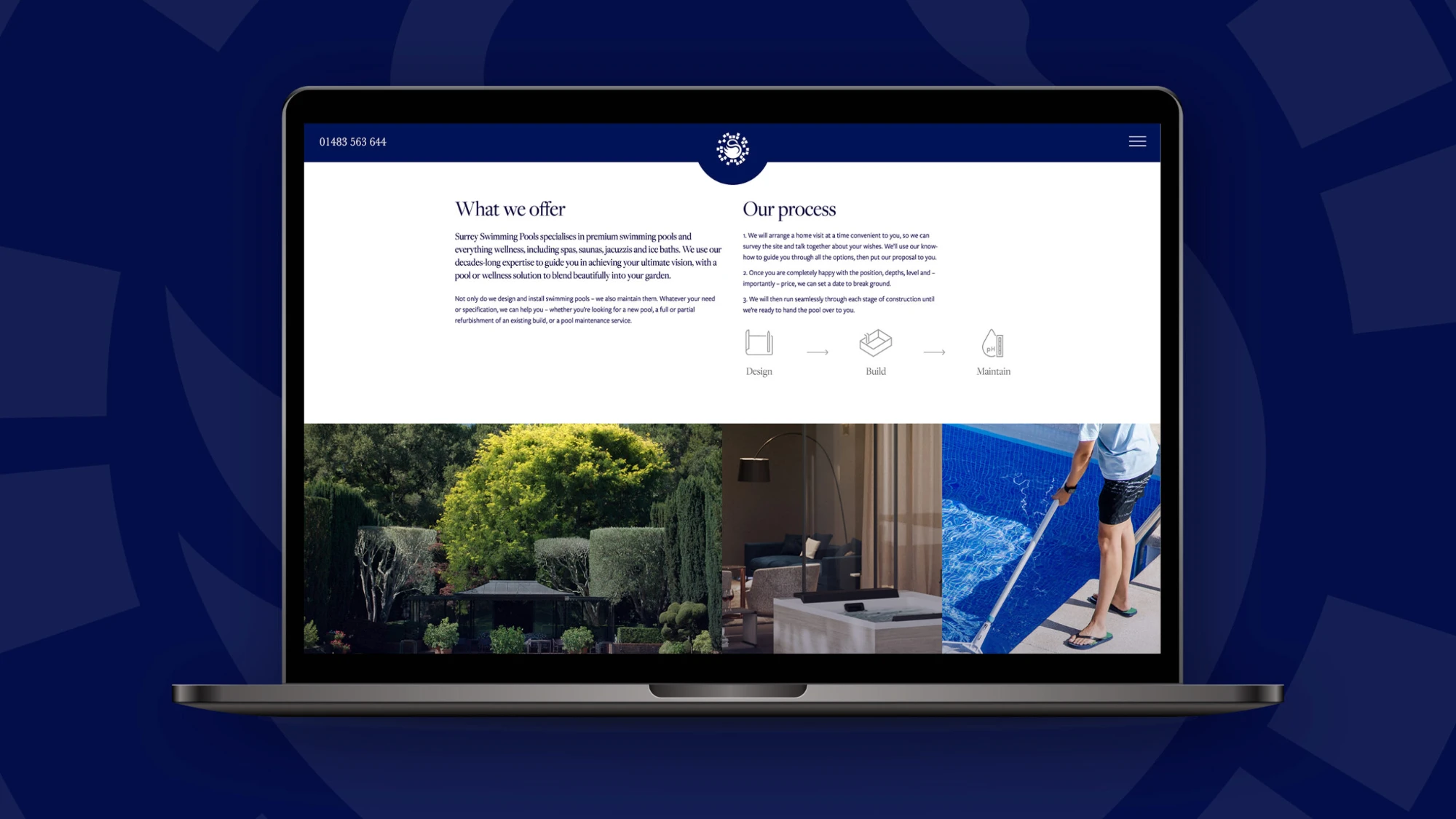 Laptop on a blue background with the Surrey Swimming Pools website running on it.