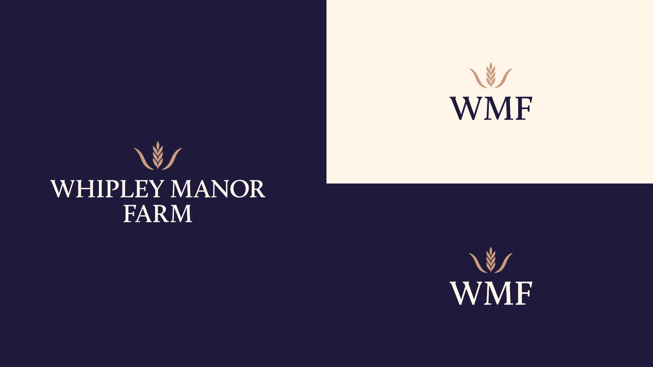 Whipley Manor Farm long form and short form logos on blue and cream backlgrounds.