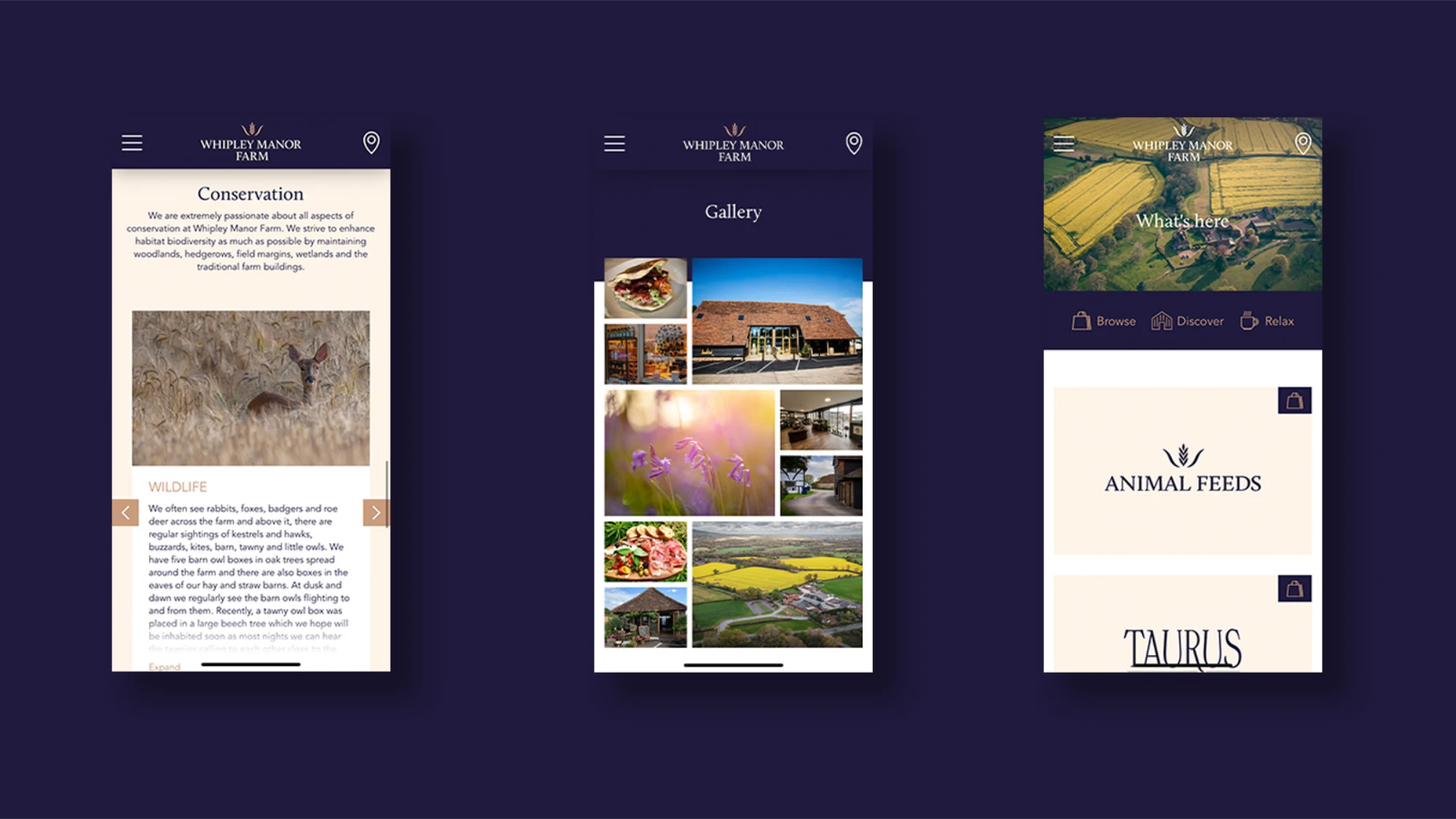 Three mobile phone mockups of the Whipley Manor Farm website on a blue background.