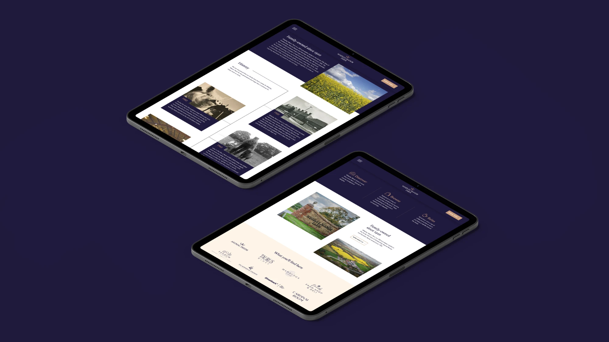 Two tablets on a blue background with Whipley Manor Farm's website running on them.