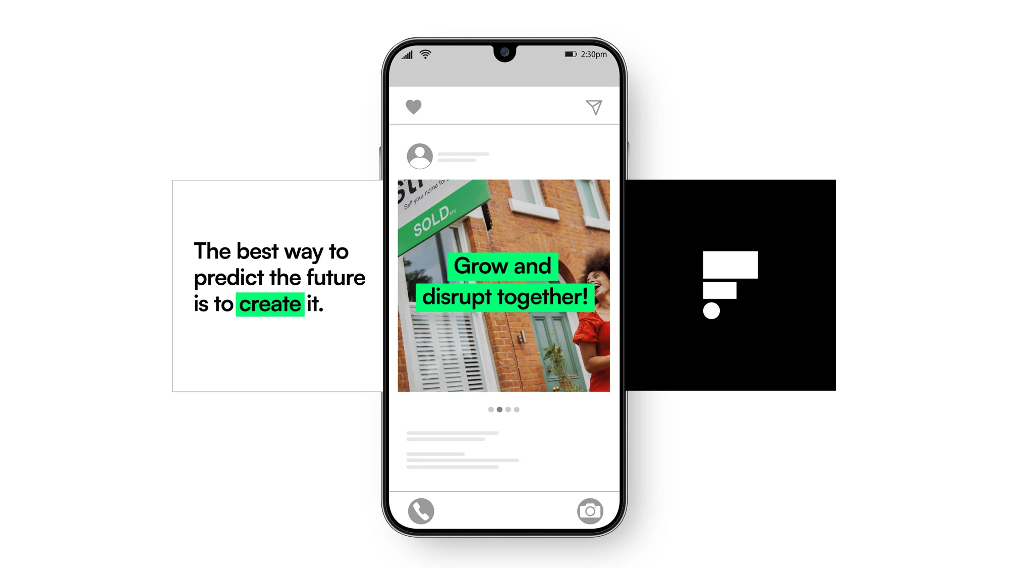 Freston Ventures social post mockup in white, black and bright green.