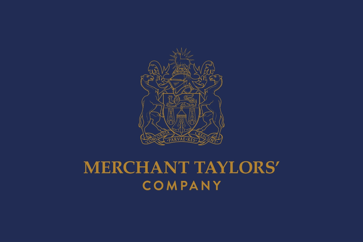 Merchant Taylors' Company crest with two lions, a shield, and the company name below on a dark blue background.