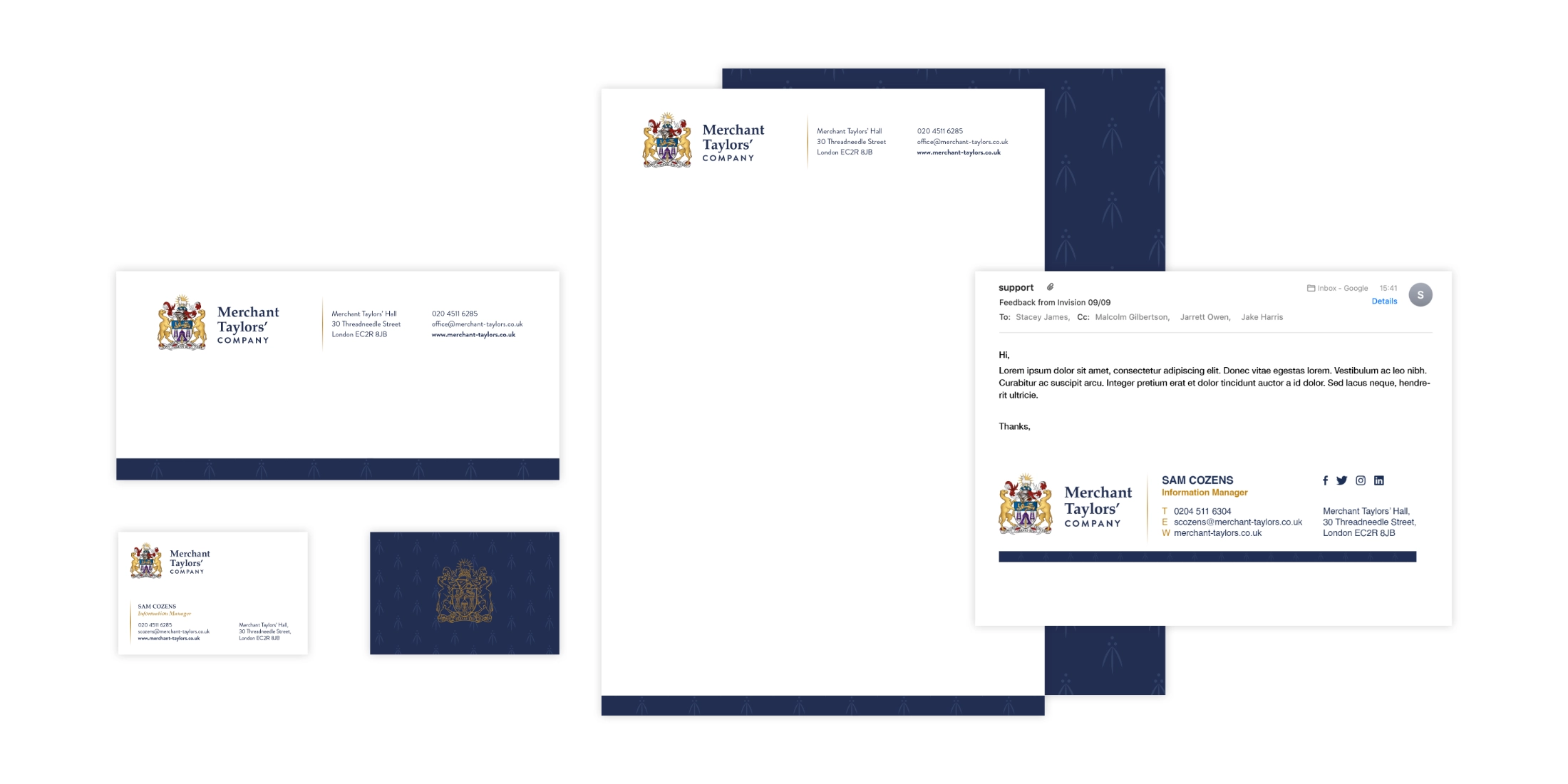 The Merchant Taylors branded stationary and headed paper.