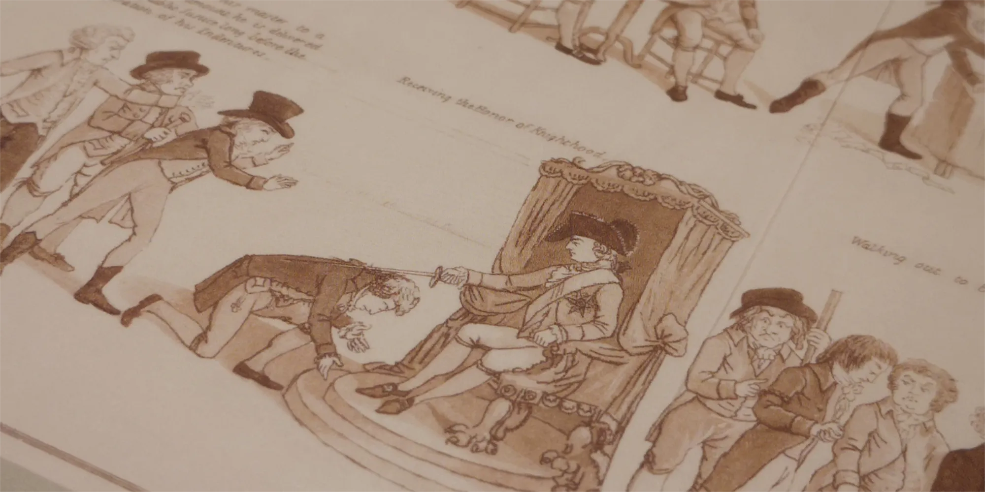 Artwork of man being knighted on beige paper in brown ink.