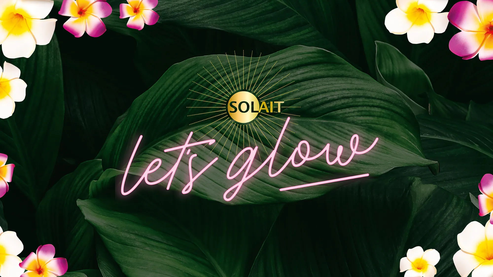 Tropical green leaves background with pink and white plumeria flowers and gold circle logo reading SOLAIT above pink neon text saying 'let's glow'.