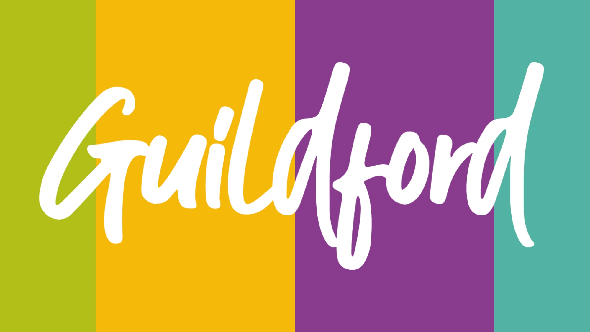 The word 'Guildford' in white handwritten-style text over vertical stripes colored green, yellow, purple, and teal.