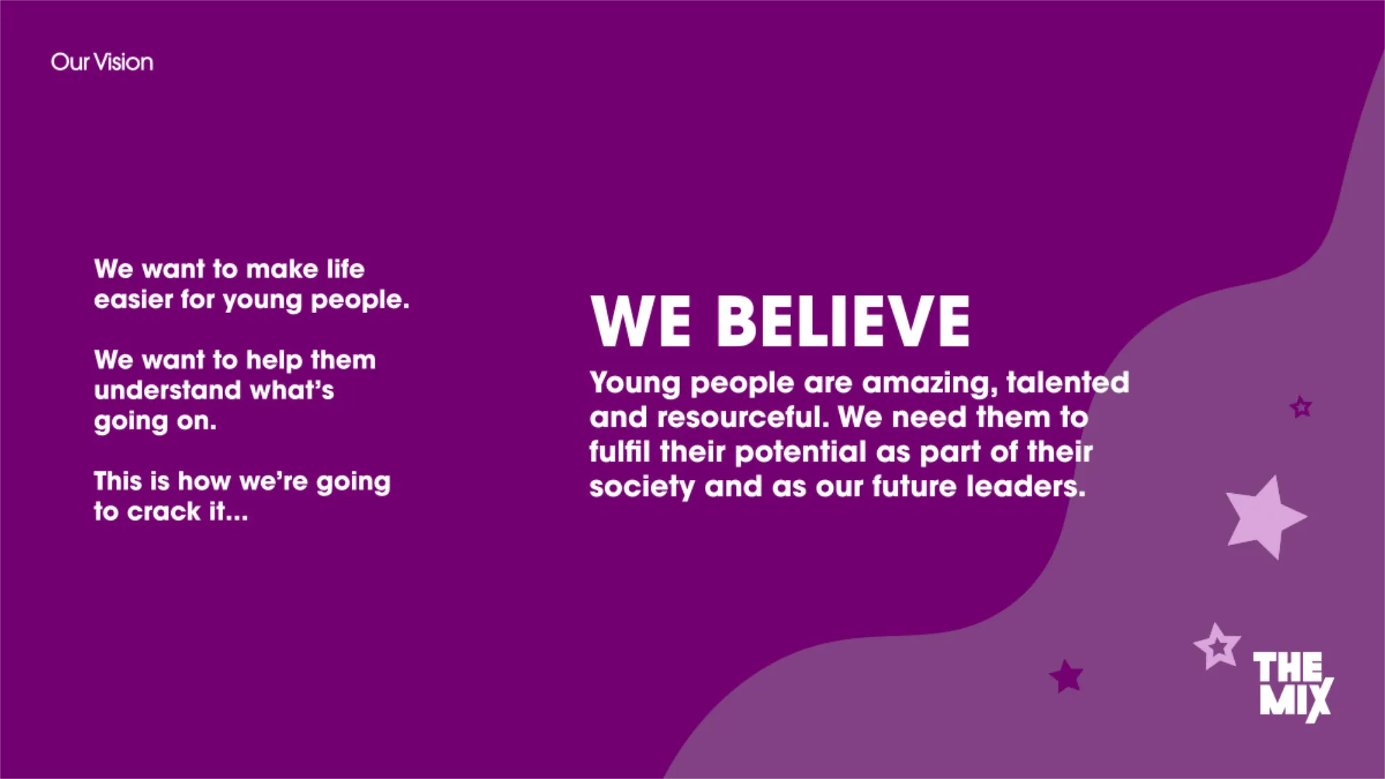 Purple background with white text stating the vision to make life easier for young people, help them understand what's going on, and believe in their potential as future leaders, accompanied by The Mix logo.