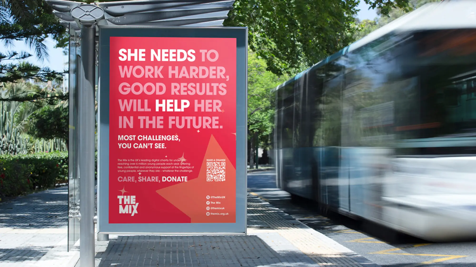 Red bus stop advert with message urging care and donations for The Mix charity supporting young people facing unseen challenges.