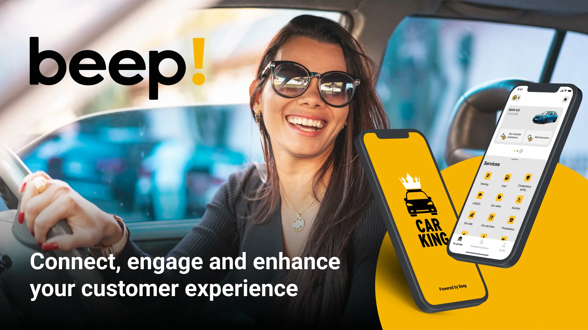 Smiling woman wearing sunglasses behind a car steering wheel with two smartphone screens showing a car services app and text 'Connect, engage and enhance your customer experience'. With the beep! logo in the corner