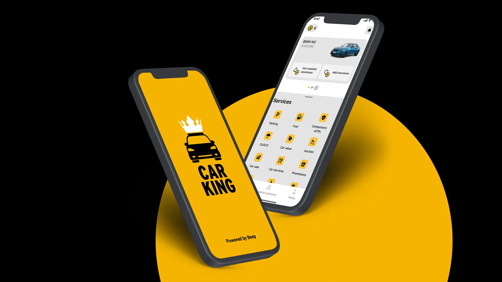 Two smartphones displaying the Car King feature on the beep! app interface with a yellow and black theme, showing a logo and various car-related service options.