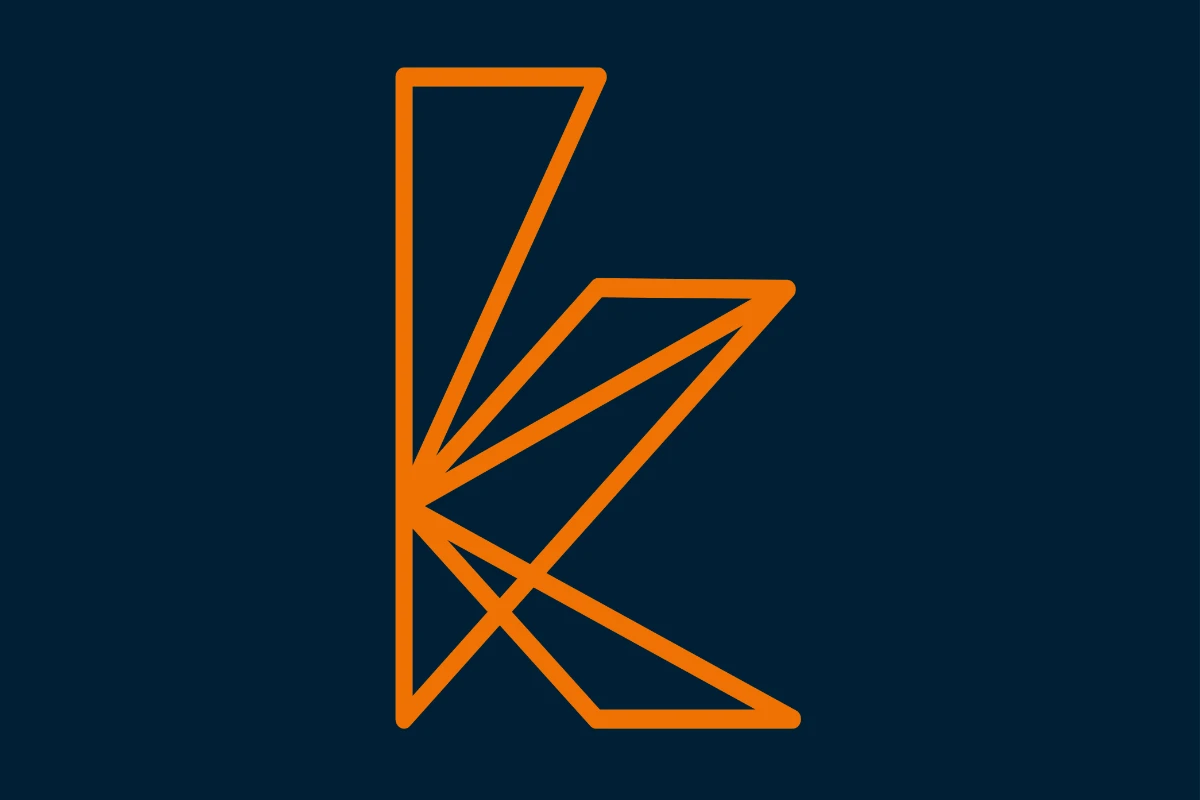 Kingsbridge shorthand logo icon in Orange on a dark blue background.