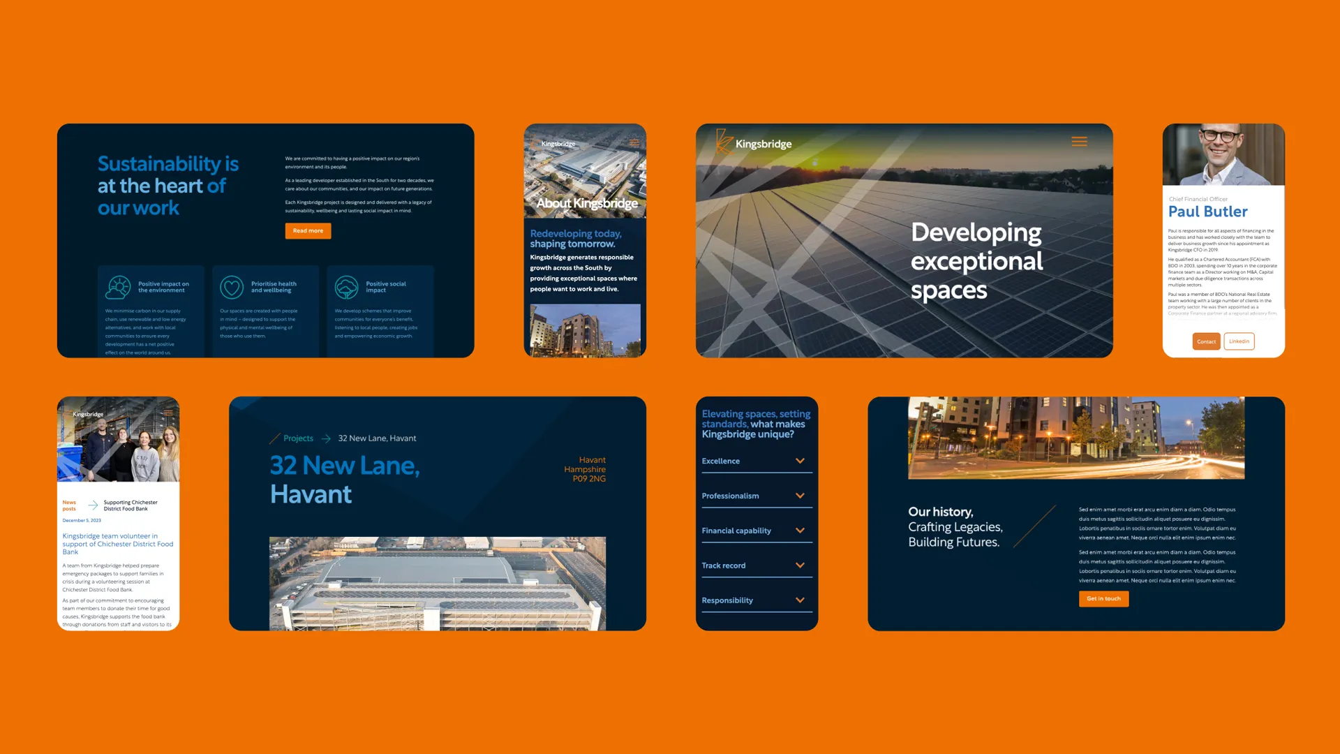 Website mockup showing various sections of Kingsbridge's website including sustainability focus, project details, about page, team member Paul Butler profile, and company values on an orange background.