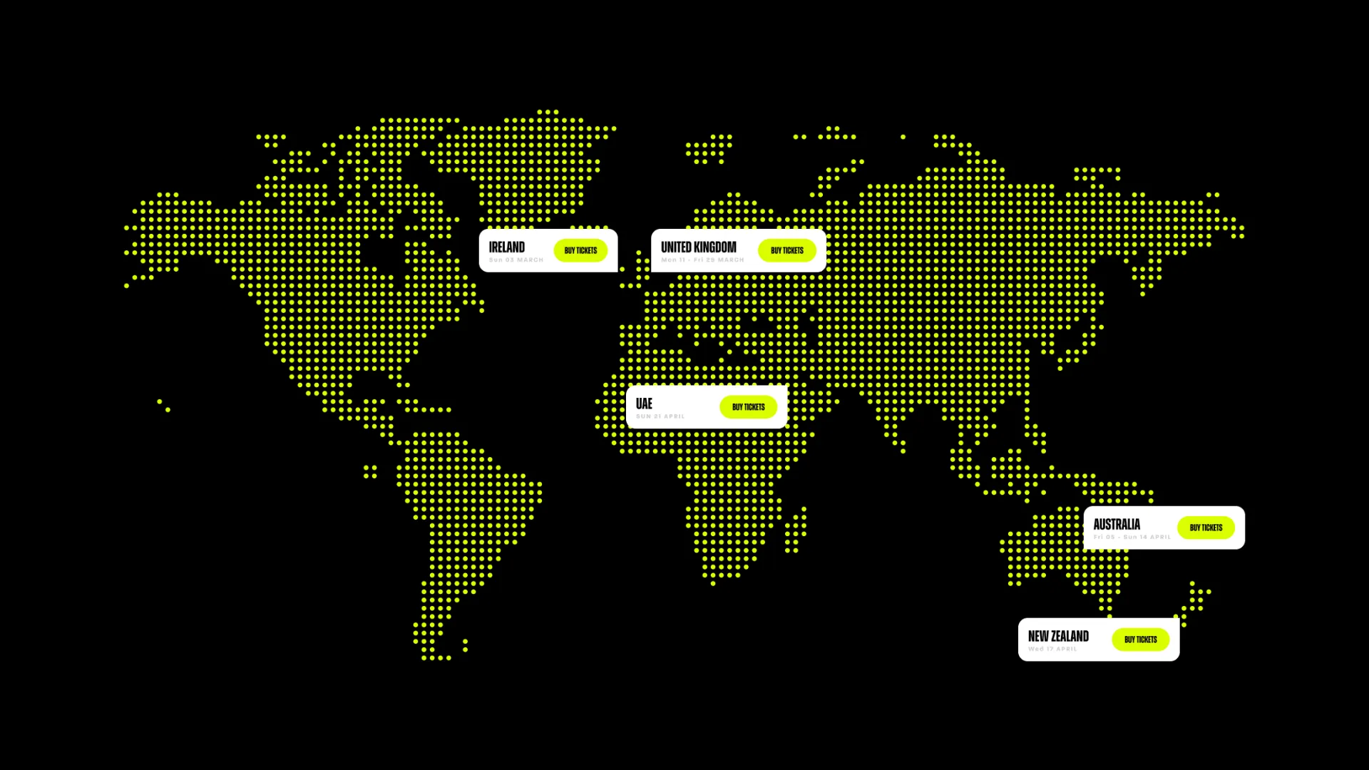 Bright yellow dotted world map highlighting Ireland, United Kingdom, UAE, Australia, and New Zealand with ticket purchase information and dates.
