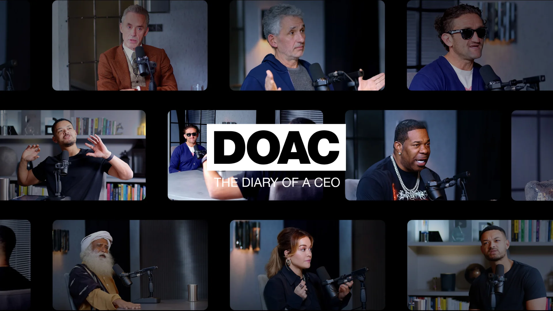 Collage of diverse guests speaking into microphones on the podcast 'DOAC The Diary of a CEO'.
