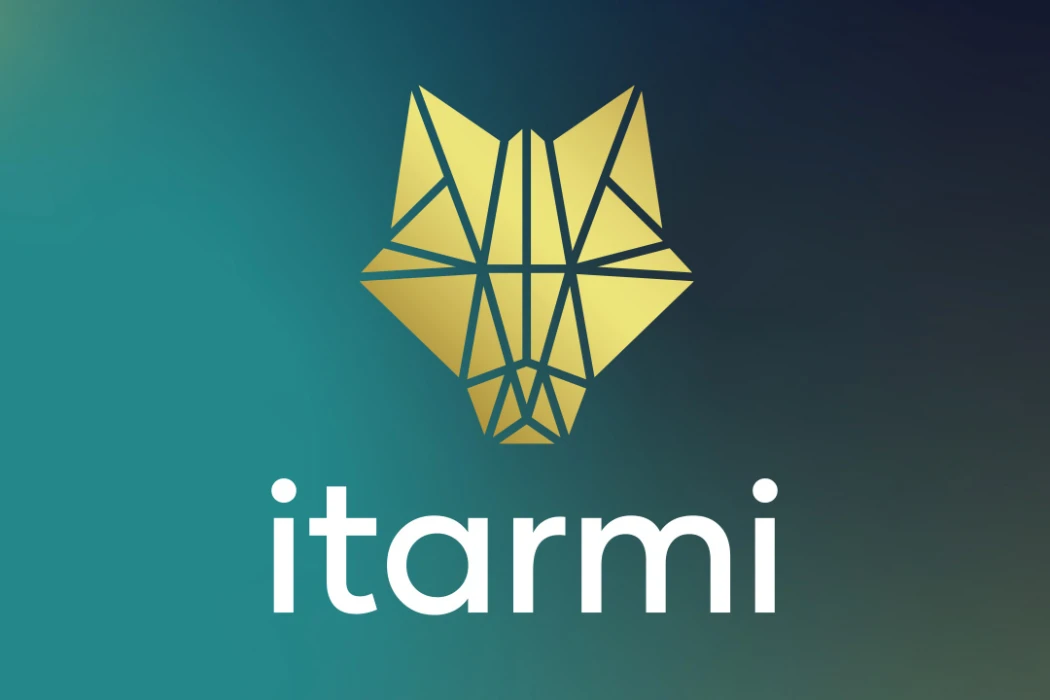 Geometric gold wolf head logo above the word 'itarmi' on a teal to dark blue gradient background. - the Itarmi logo