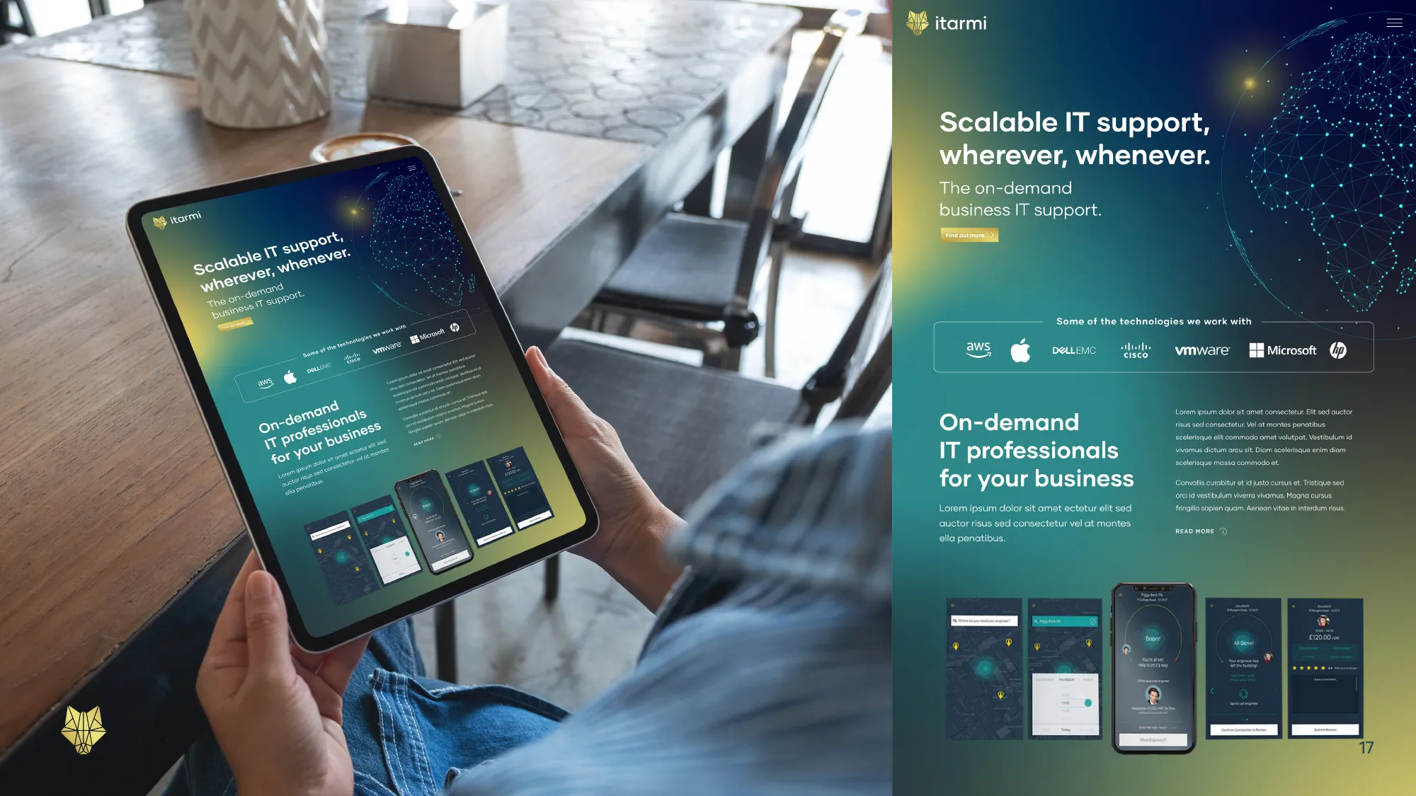 Person holding a tablet with the Itarmi website with a flat design next to him.