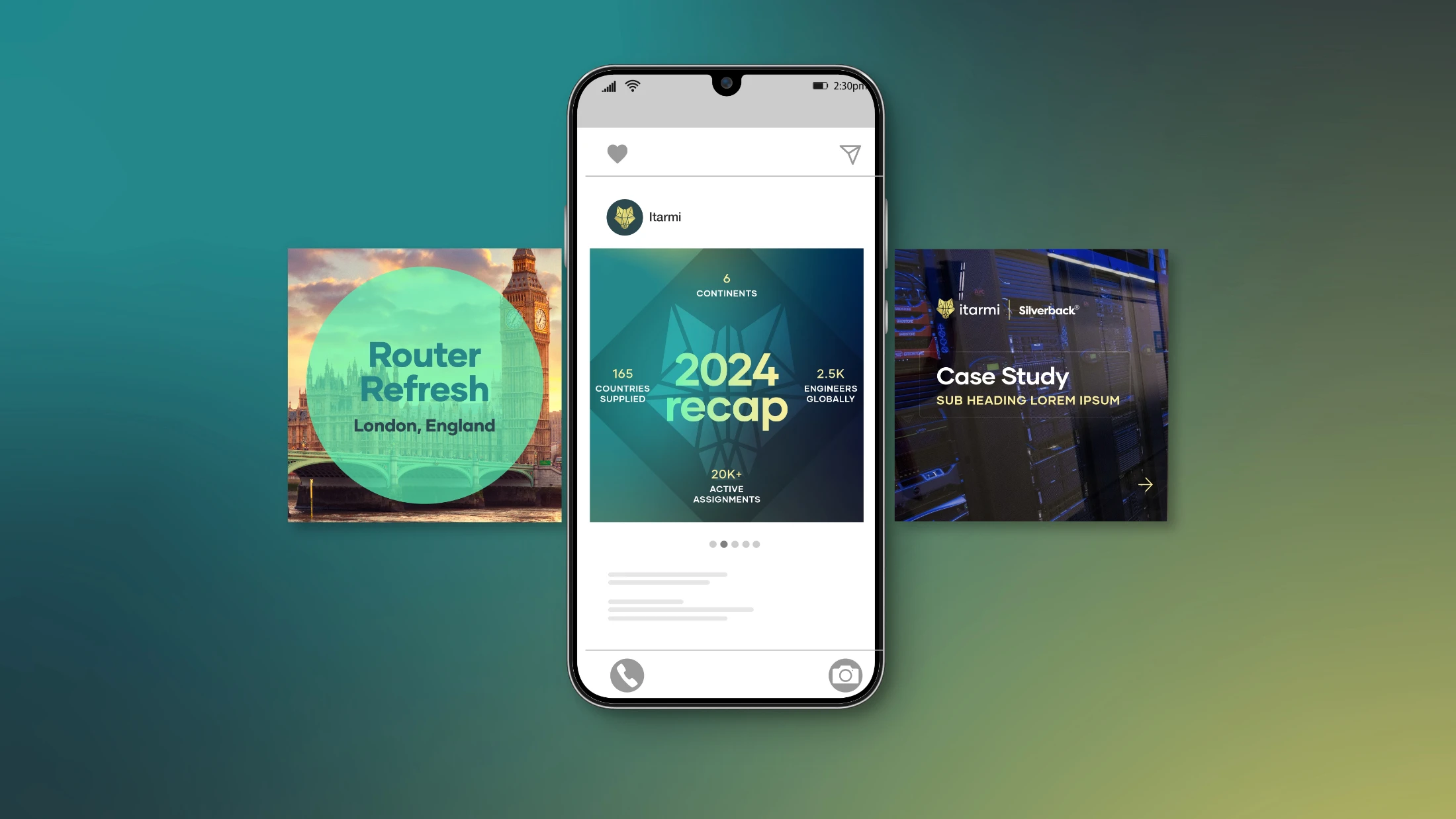 Smartphone showing an Itarmi Instagram post about the 2024 recap with 6 continents and 165 countries supplied, flanked by cards titled Router Refresh London, England and Case Study with server racks in the background.