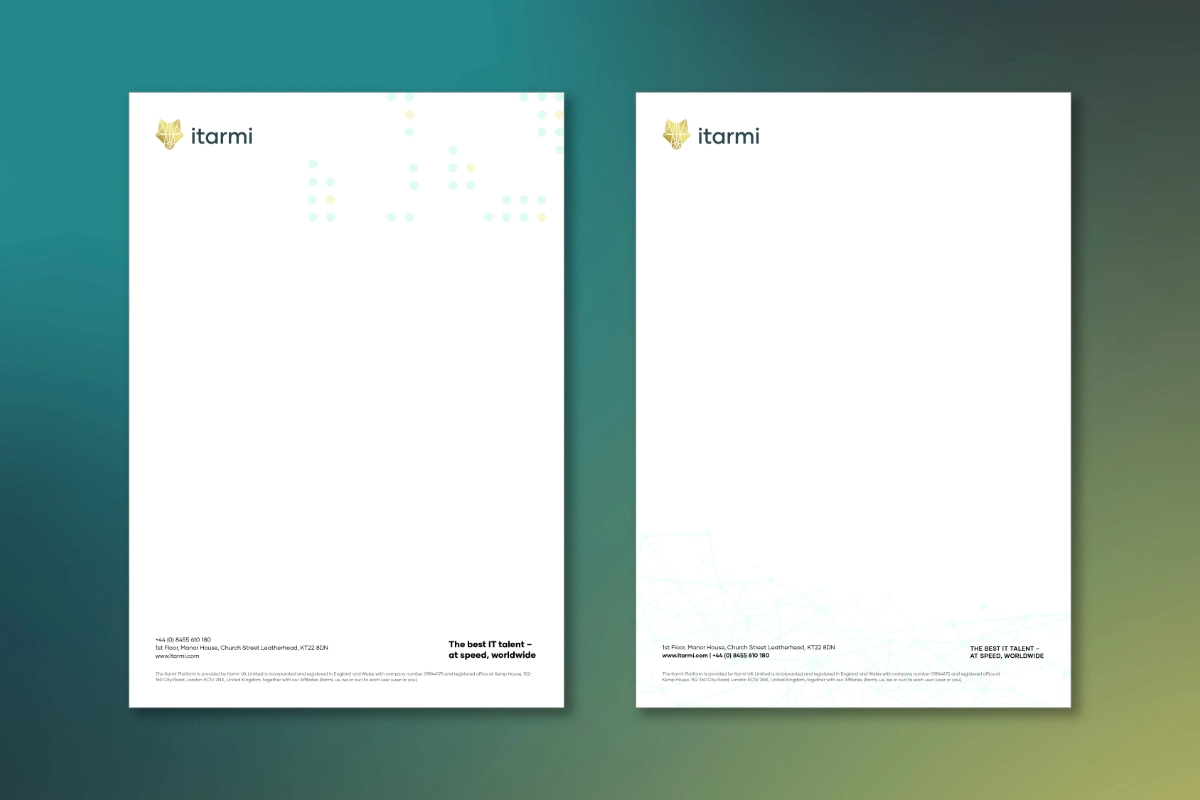 Two Itarmi letterheads with company logo, contact details, and tagline 'The best IT talent – at speed, worldwide' on a white background with subtle digital dot and line patterns.