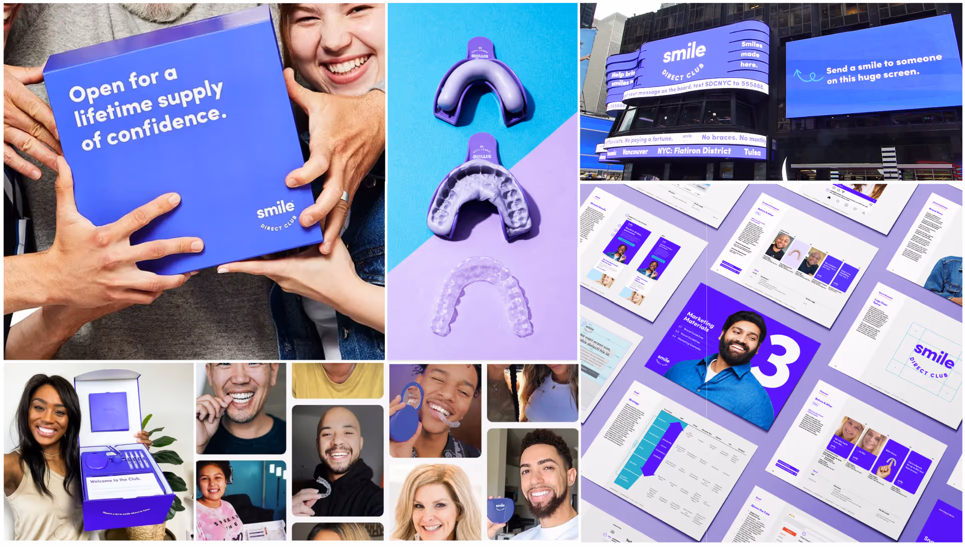 Collage showing Smile Direct Club's clear aligners, smiling customers holding products, digital marketing materials, and a large public screen inviting people to send smiles.