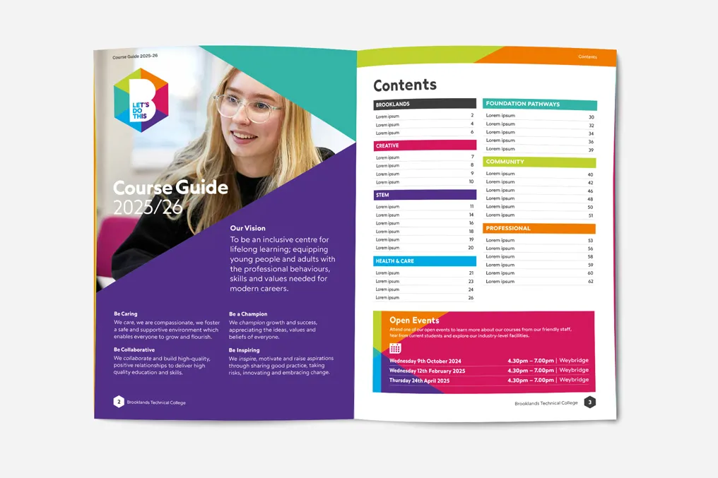 Two-page spread of a Brooklands College prospectus featuring a smiling young woman on the left and a colourful contents page on the right listing sections like Brooklands, Creative, STEM, Foundation Pathways, Community, Professional, and Health & Care, with dates for upcoming open events.