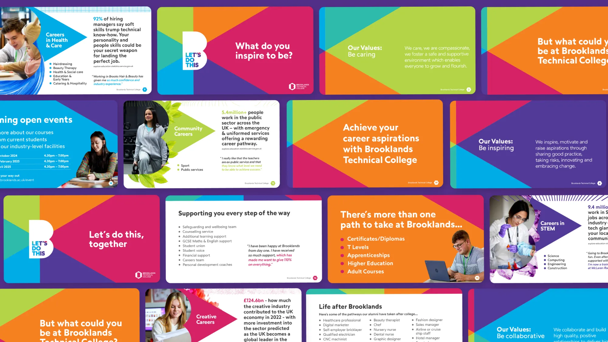 Colourful Brooklands Technical College presentation pages.