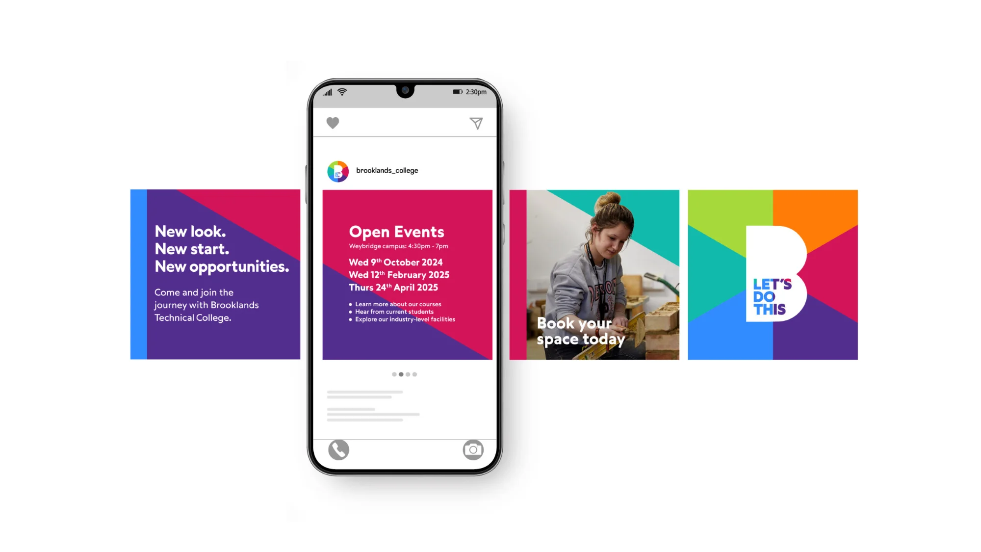 Instagram post carousel on a smartphone promoting Brooklands Technical College open events with dates and a student working with bricks, alongside colorful branding graphics.