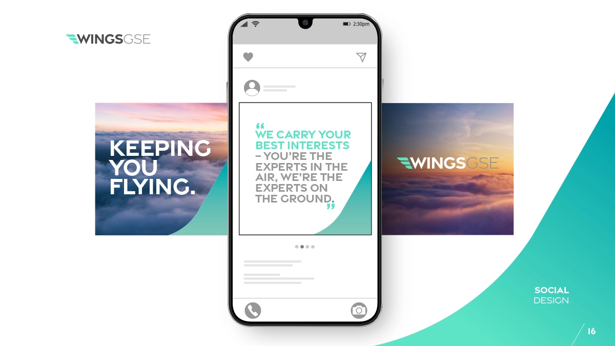 Smartphone displaying a social media post with the quote: 'We carry your best interests - you're the experts in the air, we're the experts on the ground.' Background images show clouds with text 'KEEPING YOU FLYING' and the Wings GSE logo.