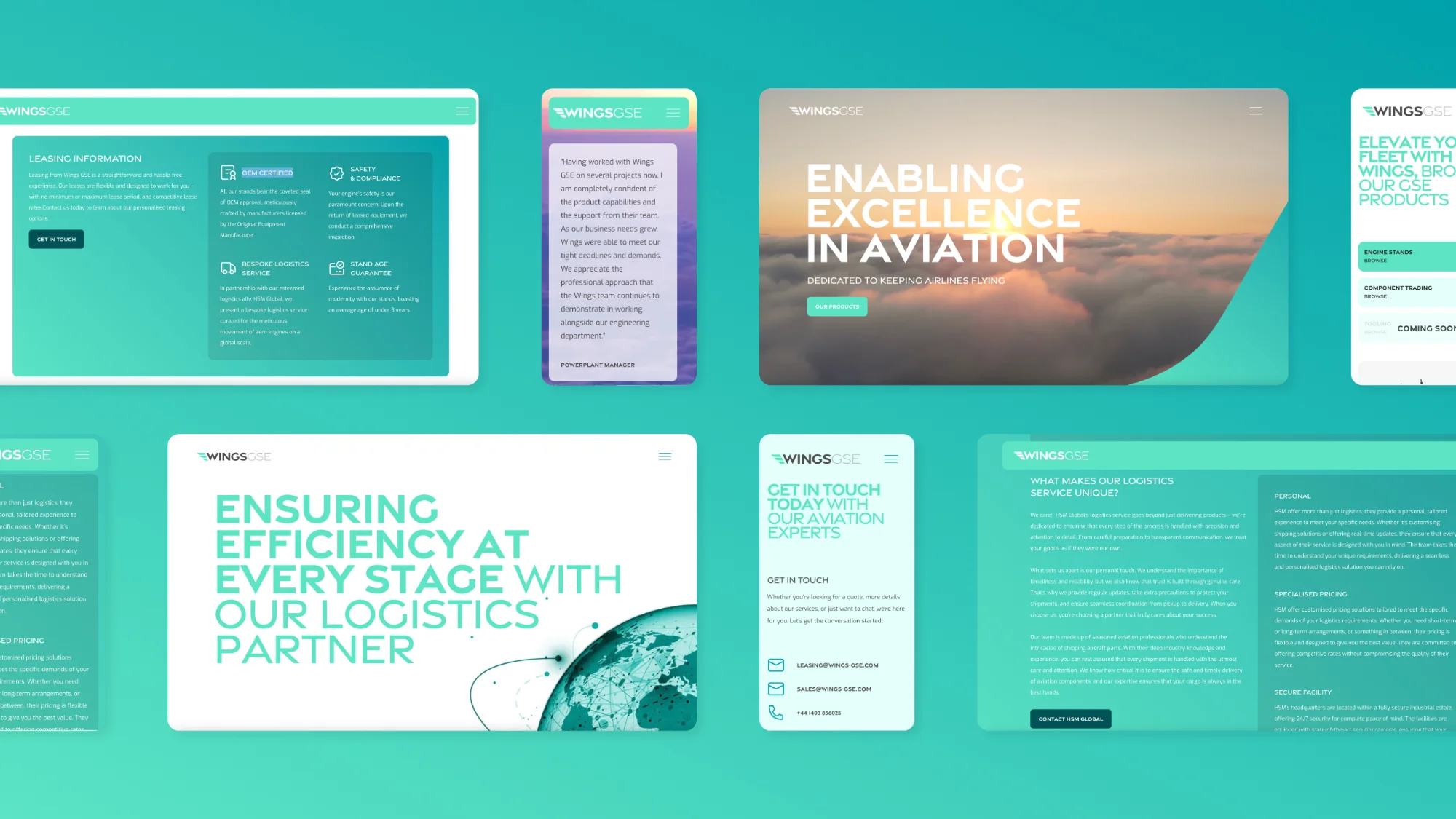 Collage of Wings GSE website screens on different screen sizes showing aviation logistics services, leasing information, and contact details on a teal background.