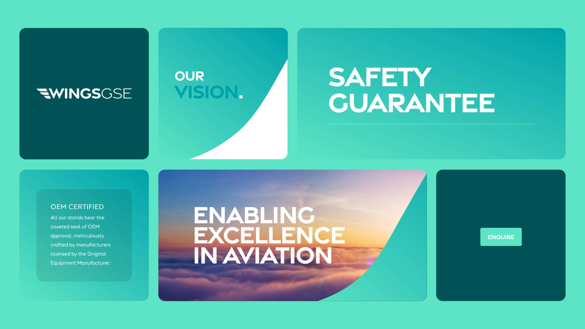 WINGS GSE logo, sections with text Our Vision, Safety Guarantee, OEM Certified description, Enabling Excellence in Aviation over clouds at sunrise, and an Enquire button.