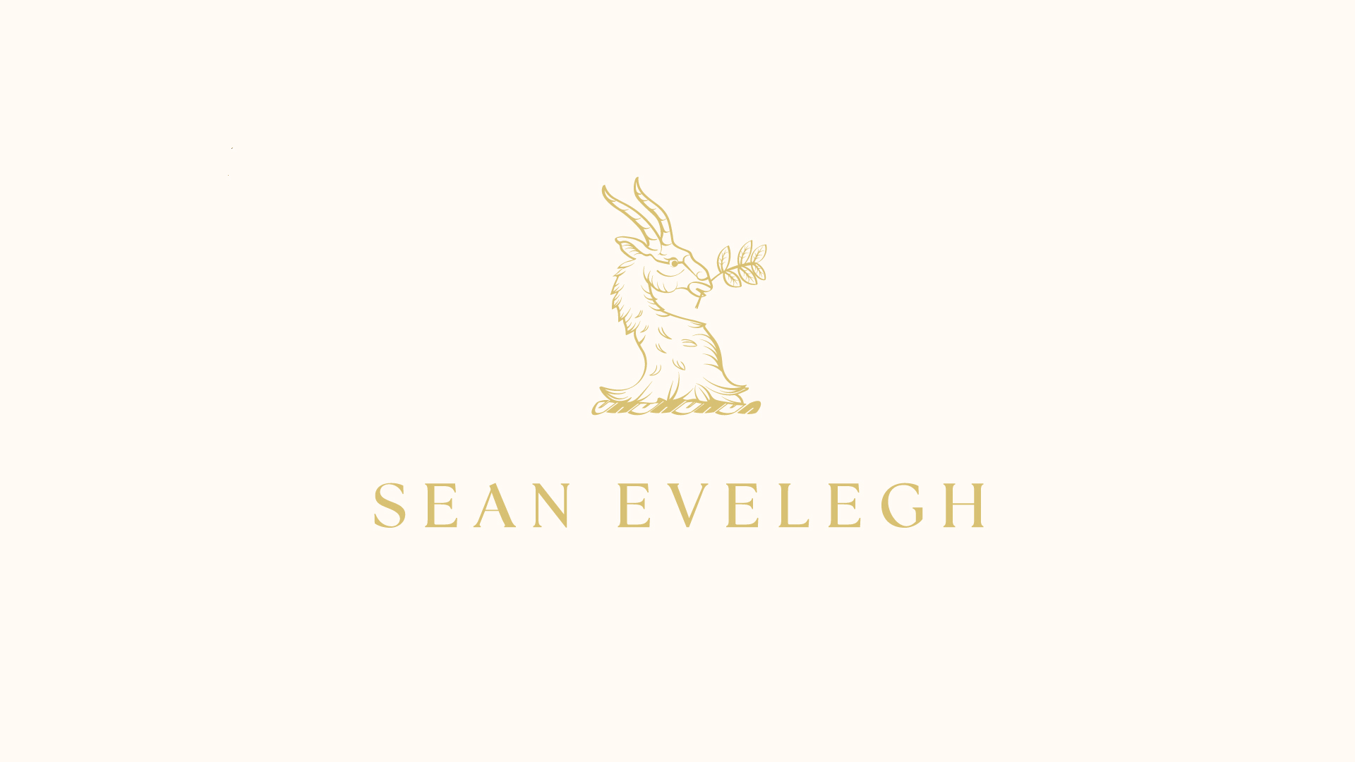 Golden line drawing of a goat with curved horns holding a branch above the name SEAN EVELEGH in serif capital letters (Sean Evelegh logo).