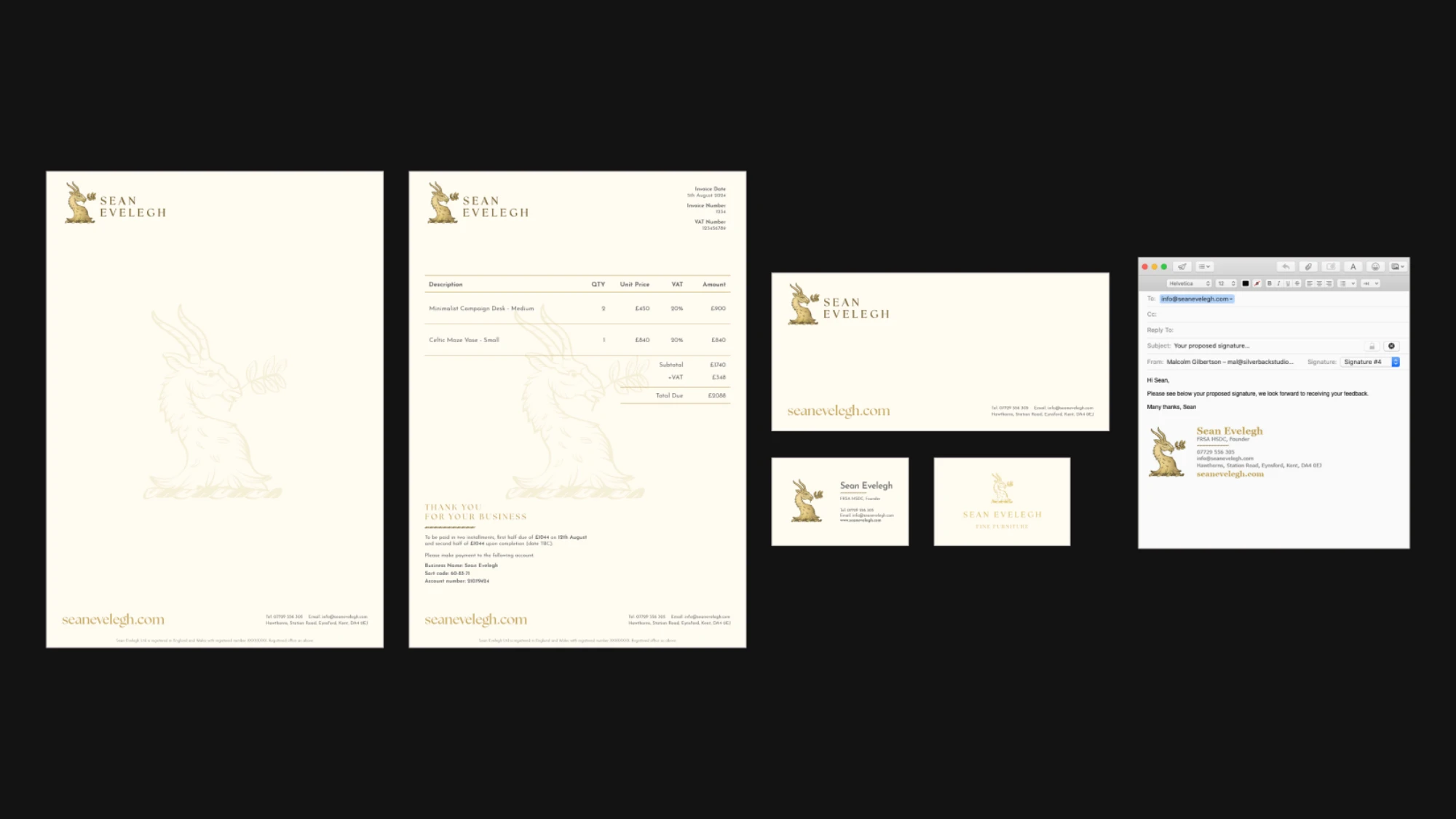 Sean Evelegh branded letterheads, email and business cards.