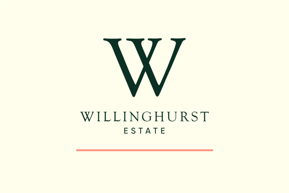 Willinghurst Estate logo in green and salmon pink on a cream coloured background