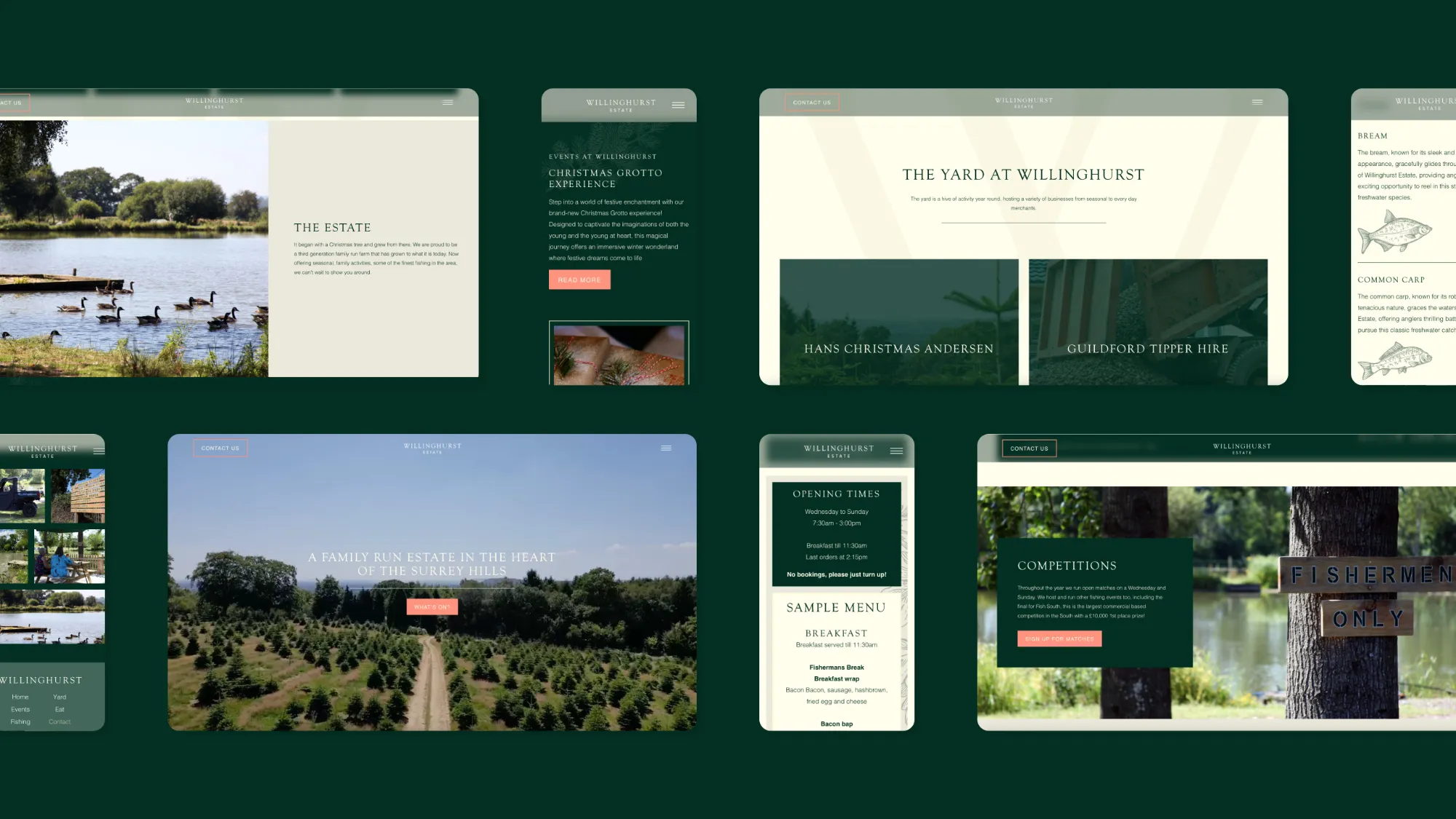 Pages of the Willinghurst website on different screen sizes.