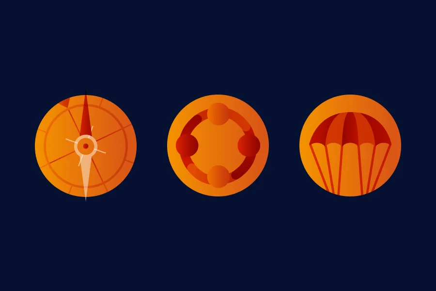 Three orange circular icons on dark background: a compass, a group of four connected people, and a parachute.