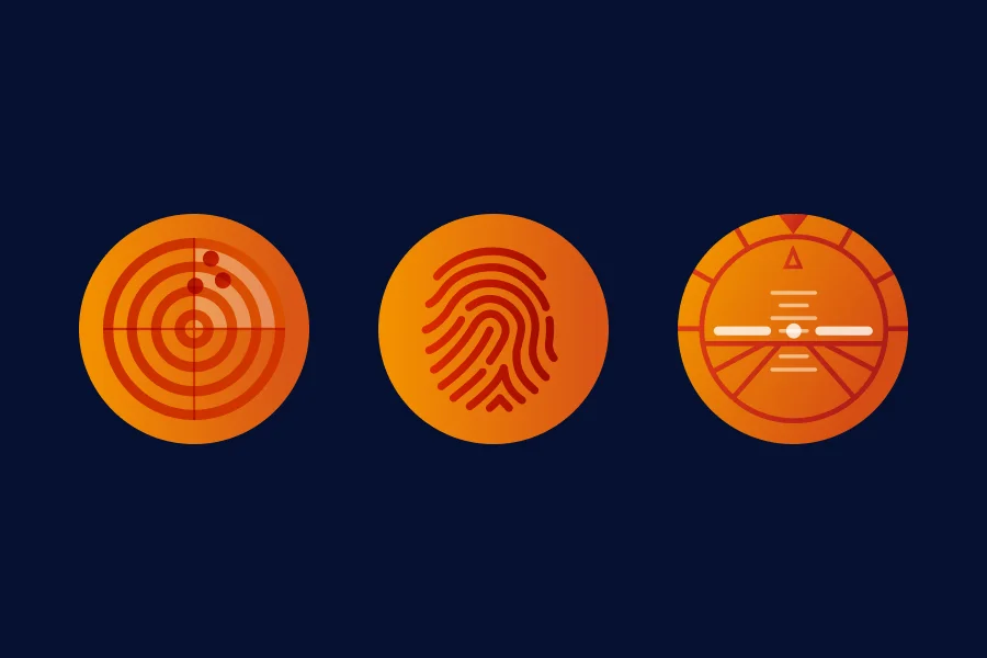 Three orange circular icons on navy background showing a radar screen, fingerprint, and a radar dial.